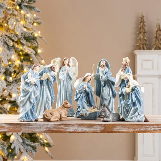 Glitzhome® 10-Piece 9.75" Celestial Blue Resin Christmas Nativity Figurine Set